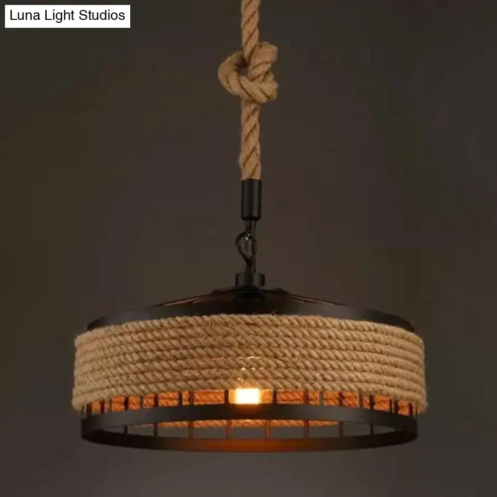 Geometric Antique Pendant Light With Metallic Shade And Hemp Rope For Restaurants