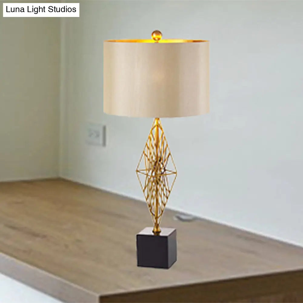 Geometric Base Gold Drum Study Light: Traditional Fabric Task Lighting For Bedroom