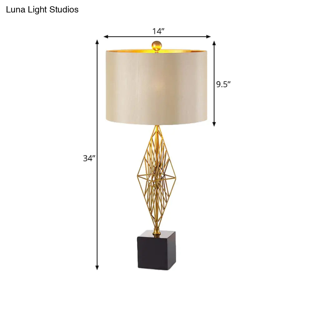 Geometric Base Gold Drum Study Light: Traditional Fabric Task Lighting For Bedroom