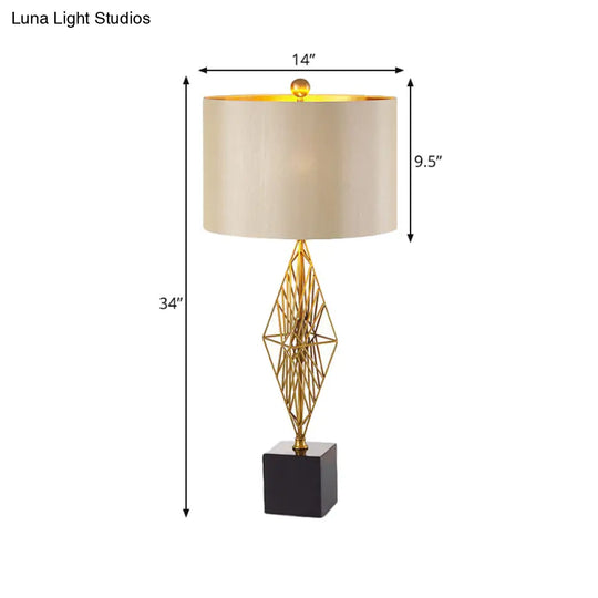 Geometric Base Gold Drum Study Light: Traditional Fabric Task Lighting For Bedroom