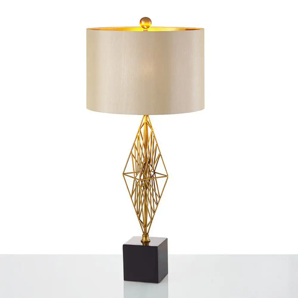 Geometric Base Gold Drum Study Light: Traditional Fabric Task Lighting For Bedroom