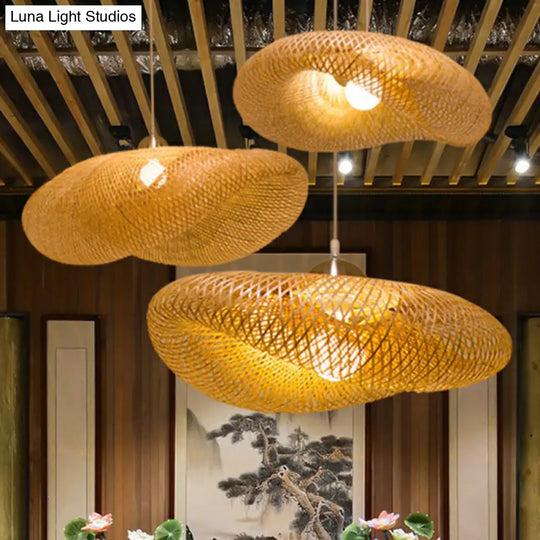 Geometric Beige Pendant Light With Asian Design - Bamboo Suspension Fixture