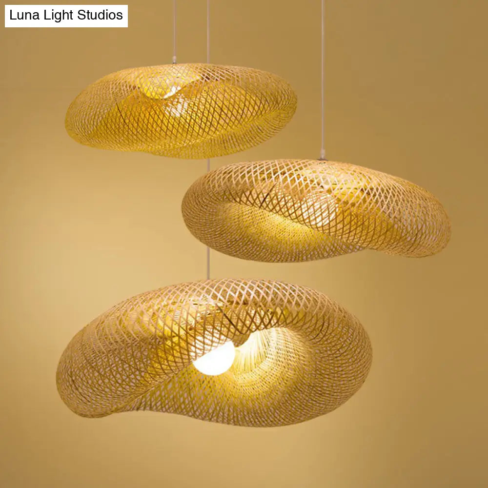 Geometric Beige Pendant Light With Asian Design - Bamboo Suspension Fixture