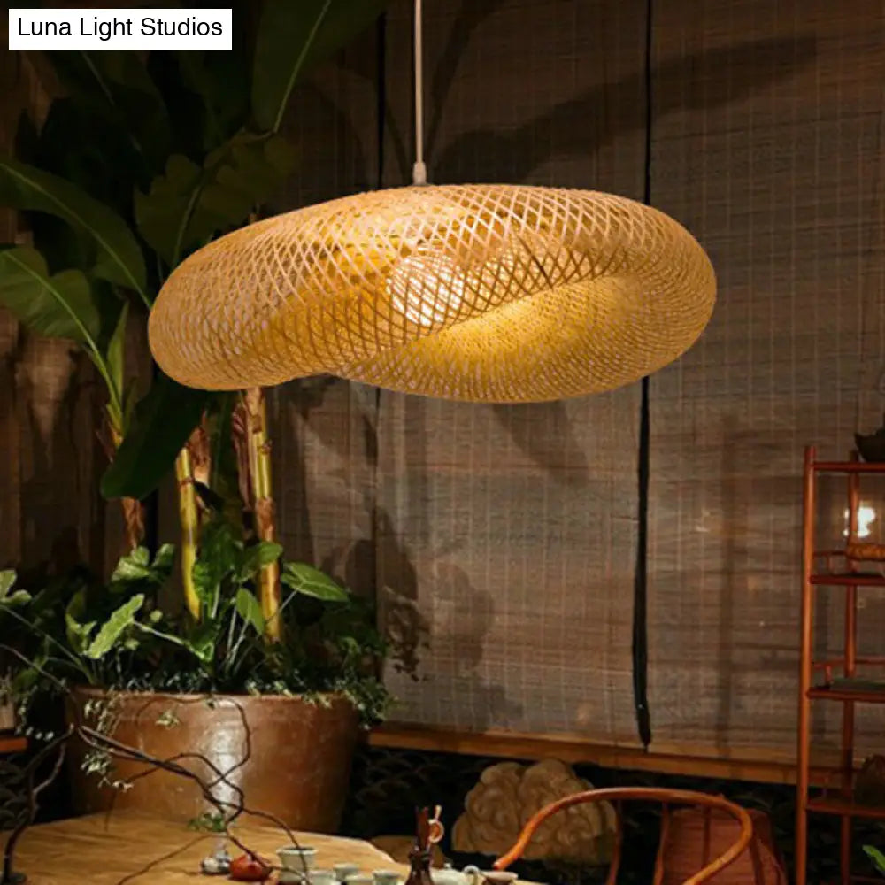 Geometric Beige Pendant Light With Asian Design - Bamboo Suspension Fixture