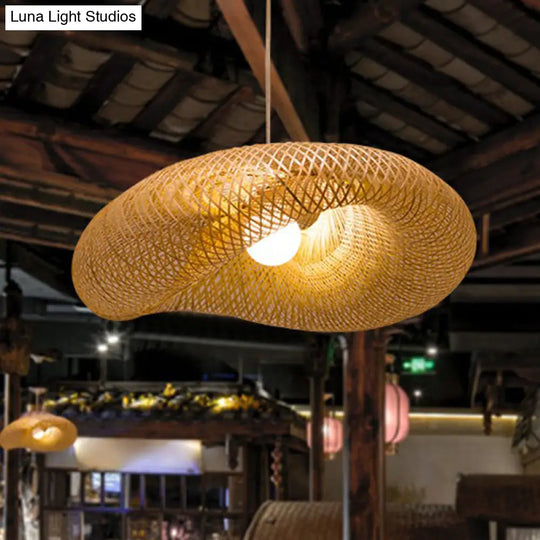 Geometric Beige Pendant Light With Asian Design - Bamboo Suspension Fixture