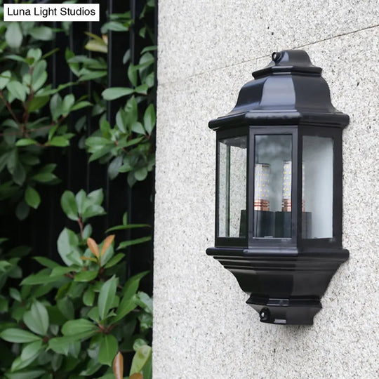 Geometric Black/White Outdoor Corner Wall Sconce With Clear Glass Mountable Light Fixture For Lodges