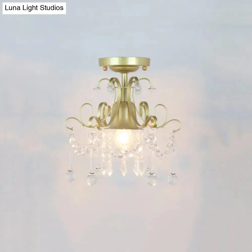 Geometric Brass Semi Flush Crystal Ceiling Mount - Traditional 1-Light Fixture For Hallways