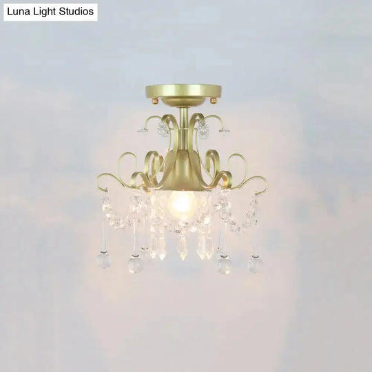 Geometric Brass Semi Flush Crystal Ceiling Mount - Traditional 1-Light Fixture For Hallways