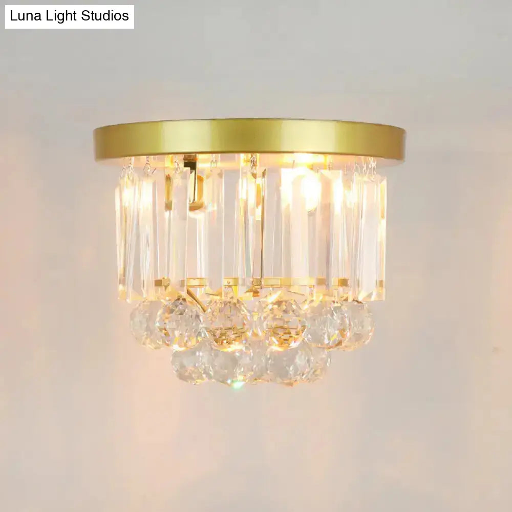 Geometric Brass Semi Flush Crystal Ceiling Mount - Traditional 1-Light Fixture For Hallways