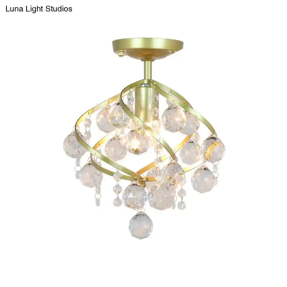 Geometric Brass Semi Flush Crystal Ceiling Mount - Traditional 1-Light Fixture For Hallways