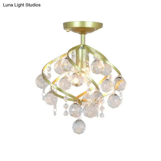 Geometric Brass Semi Flush Crystal Ceiling Mount - Traditional 1-Light Fixture For Hallways