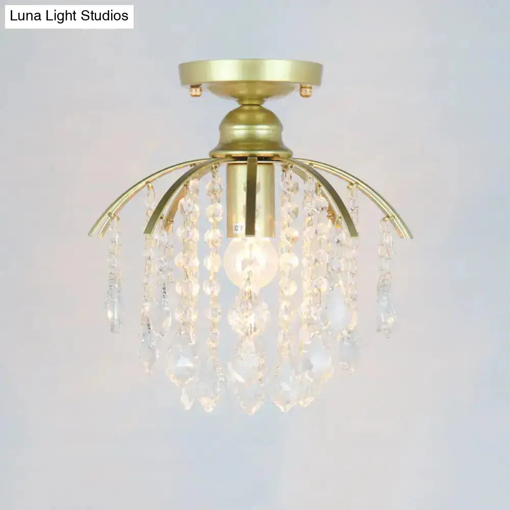 Geometric Brass Semi Flush Crystal Ceiling Mount - Traditional 1-Light Fixture For Hallways