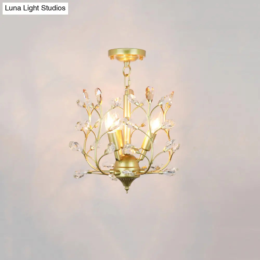 Geometric Brass Semi Flush Crystal Ceiling Mount - Traditional 1-Light Fixture For Hallways / F