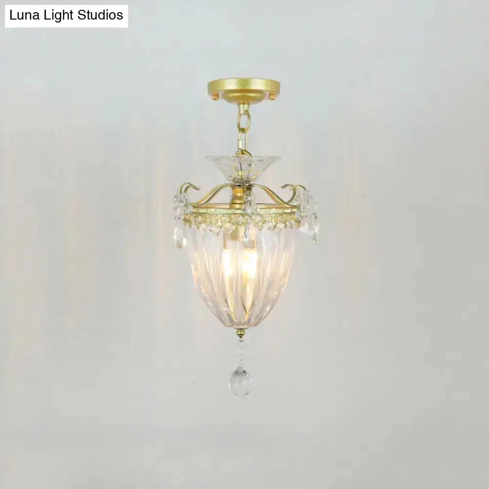 Geometric Brass Semi Flush Crystal Ceiling Mount - Traditional 1-Light Fixture For Hallways