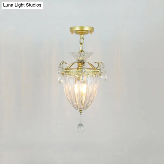 Geometric Brass Semi Flush Crystal Ceiling Mount - Traditional 1-Light Fixture For Hallways / G