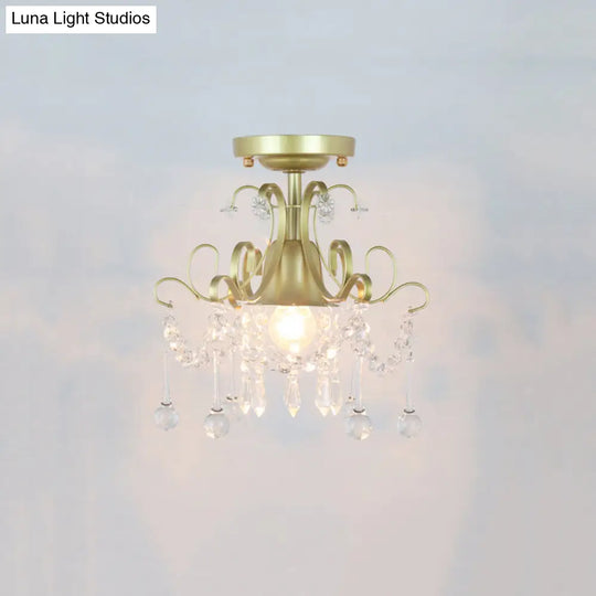 Geometric Brass Semi Flush Crystal Ceiling Mount - Traditional 1-Light Fixture For Hallways / B