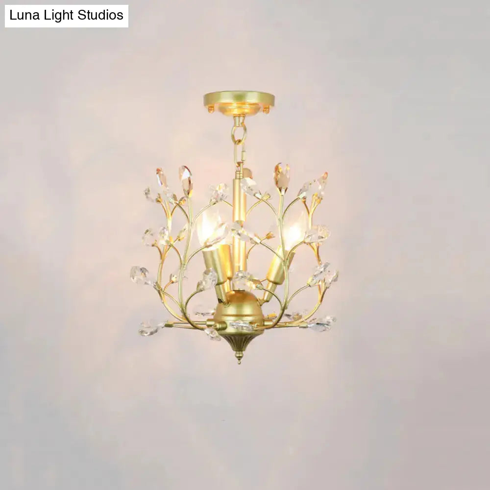 Geometric Brass Semi Flush Crystal Ceiling Mount - Traditional 1-Light Fixture For Hallways