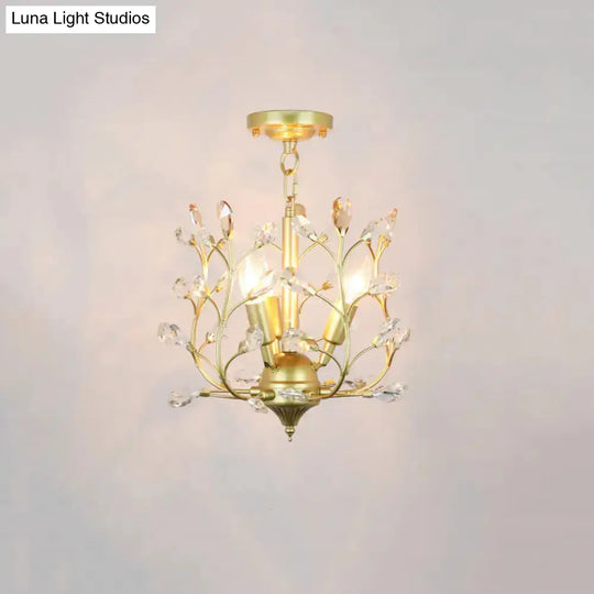 Geometric Brass Semi Flush Crystal Ceiling Mount - Traditional 1-Light Fixture For Hallways