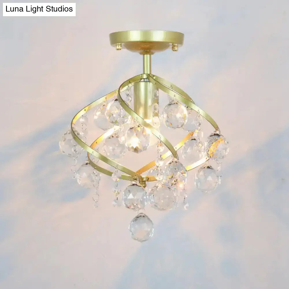 Geometric Brass Semi Flush Crystal Ceiling Mount - Traditional 1-Light Fixture For Hallways