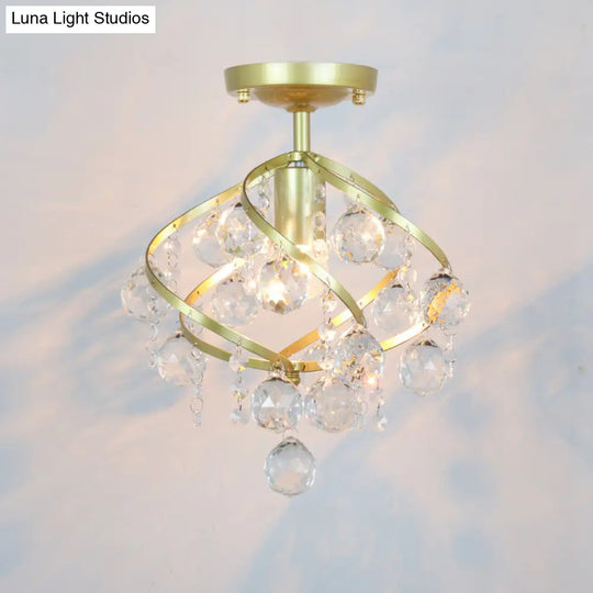 Geometric Brass Semi Flush Crystal Ceiling Mount - Traditional 1-Light Fixture For Hallways / C