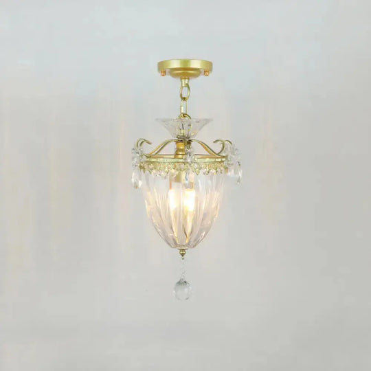 Geometric Brass Semi Flush Crystal Ceiling Mount - Traditional 1-Light Fixture For Hallways / G