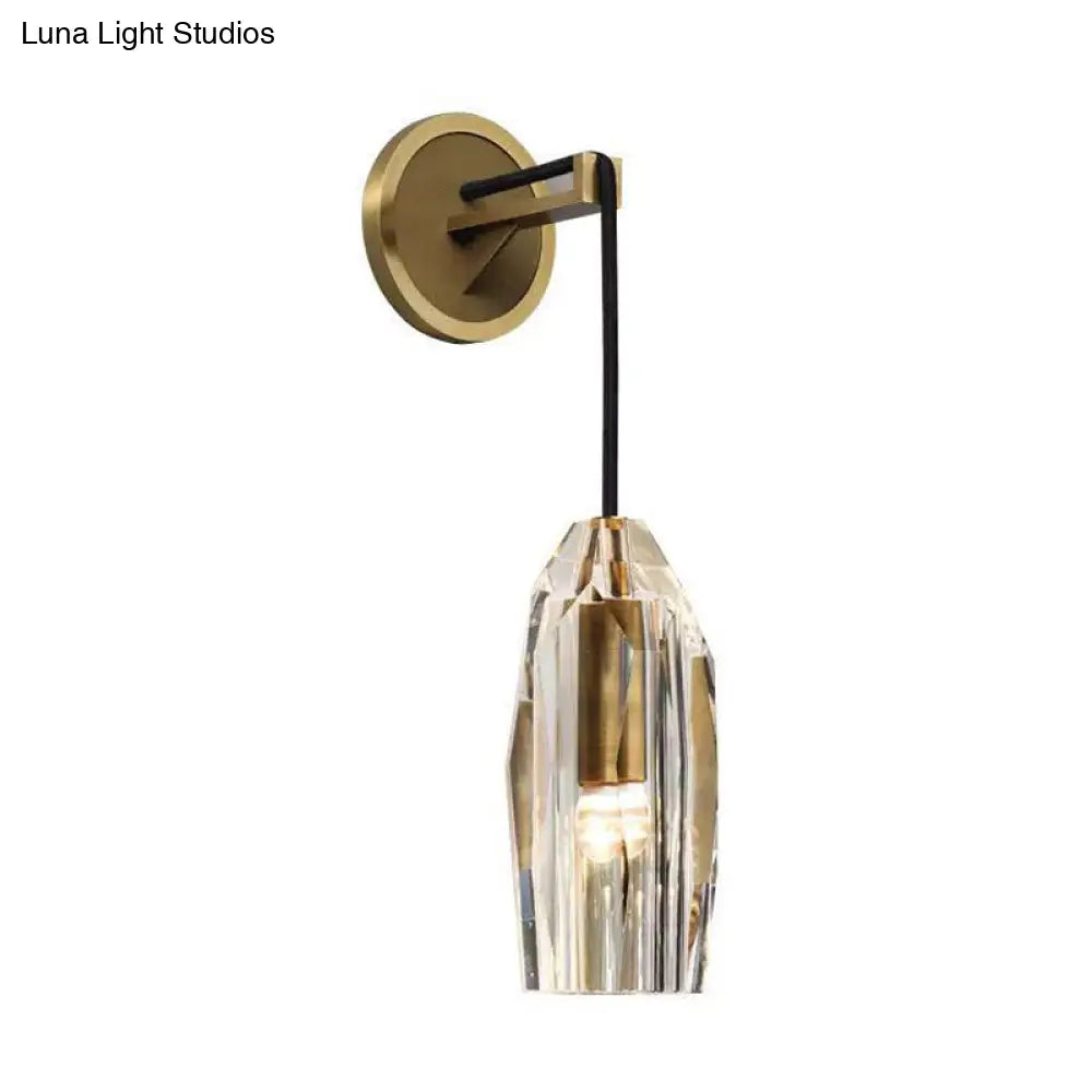 Geometric Brass Wall Lamp With Clear K9 Crystal - Modern 1-Head Led Fixture For Living Room