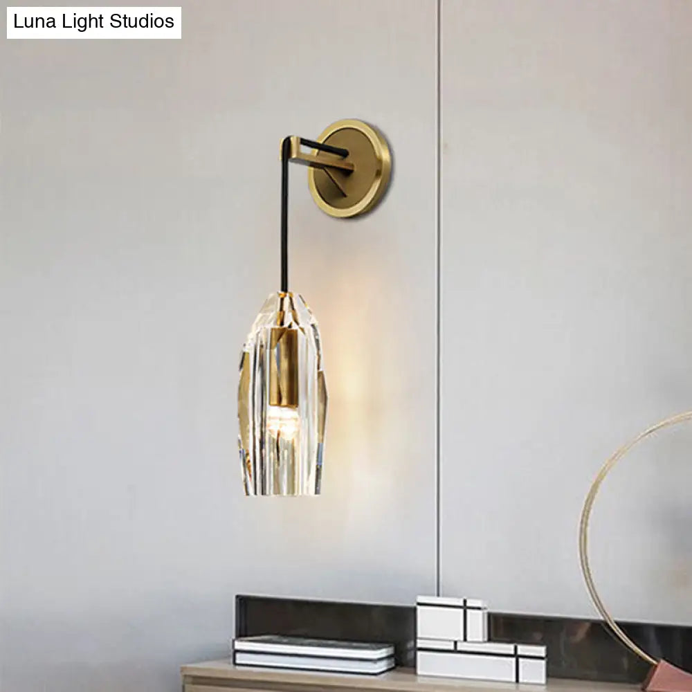 Geometric Brass Wall Lamp With Clear K9 Crystal - Modern 1-Head Led Fixture For Living Room