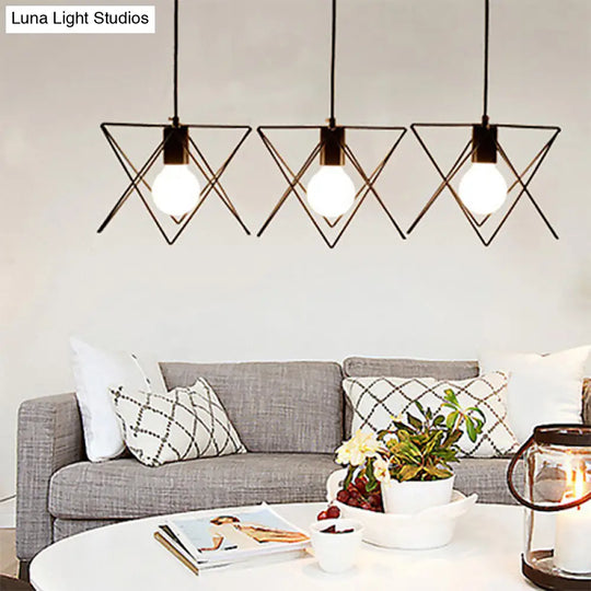 Geometrical Cage Iron Suspension Light With 3 Bulbs - Antique Black Perfect For Living Room Ceiling
