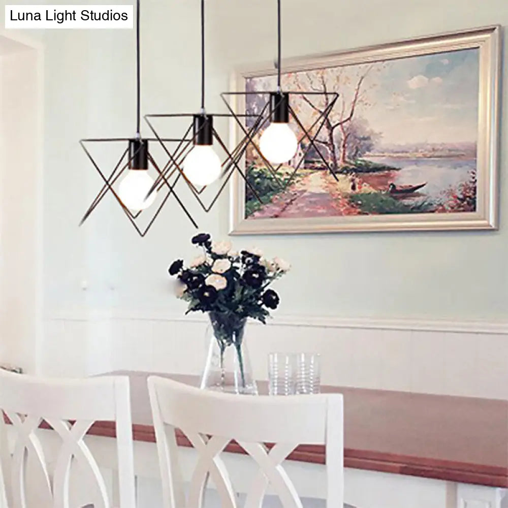Geometrical Cage Iron Suspension Light With 3 Bulbs - Antique Black Perfect For Living Room Ceiling