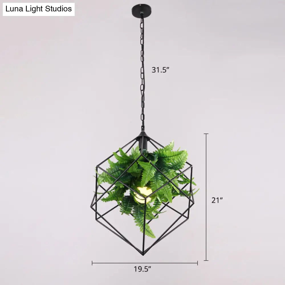 Geometric Metal Cage Pendant Light With Faux Leaf Decor - Industrial Restaurant Suspension Green