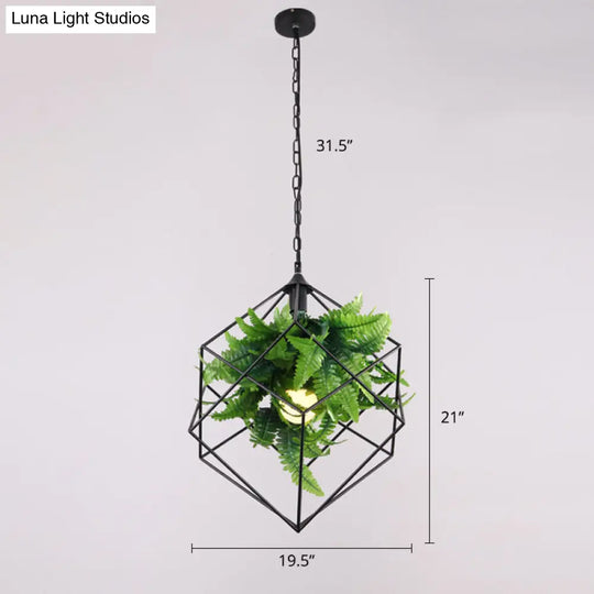 Geometric Metal Cage Pendant Light With Faux Leaf Decor - Industrial Restaurant Suspension Green