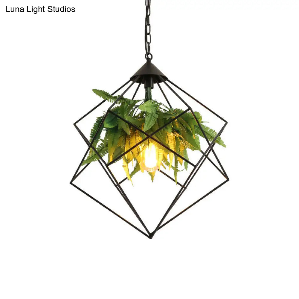 Geometric Metal Cage Pendant Light With Faux Leaf Decor - Industrial Restaurant Suspension
