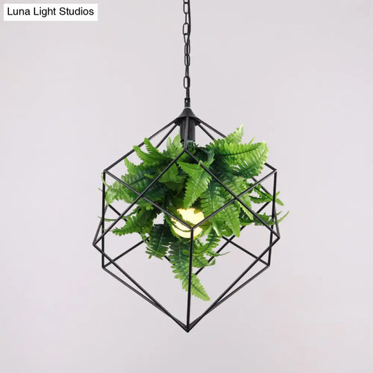 Geometric Metal Cage Pendant Light With Faux Leaf Decor - Industrial Restaurant Suspension