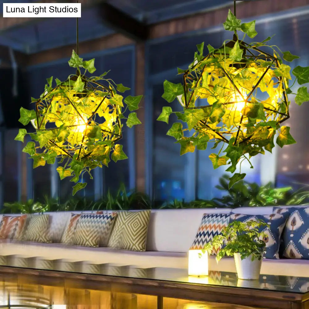 Geometric Metal Cage Pendant Light With Faux Leaf Decor - Industrial Restaurant Suspension