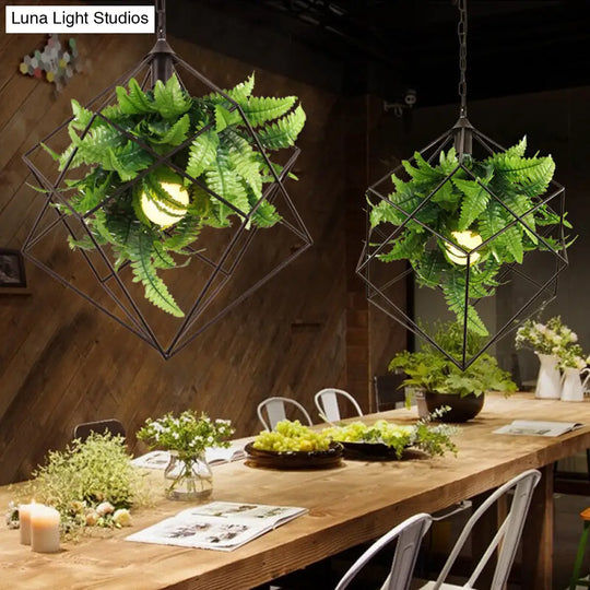 Geometric Metal Cage Pendant Light With Faux Leaf Decor - Industrial Restaurant Suspension