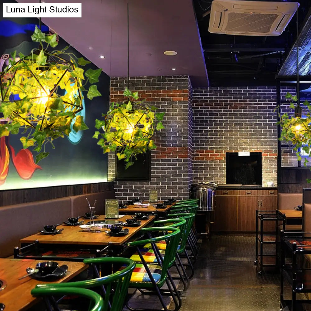Geometric Cage Pendant Light With Leaf Accents - Industrial Restaurant Suspension Lamp