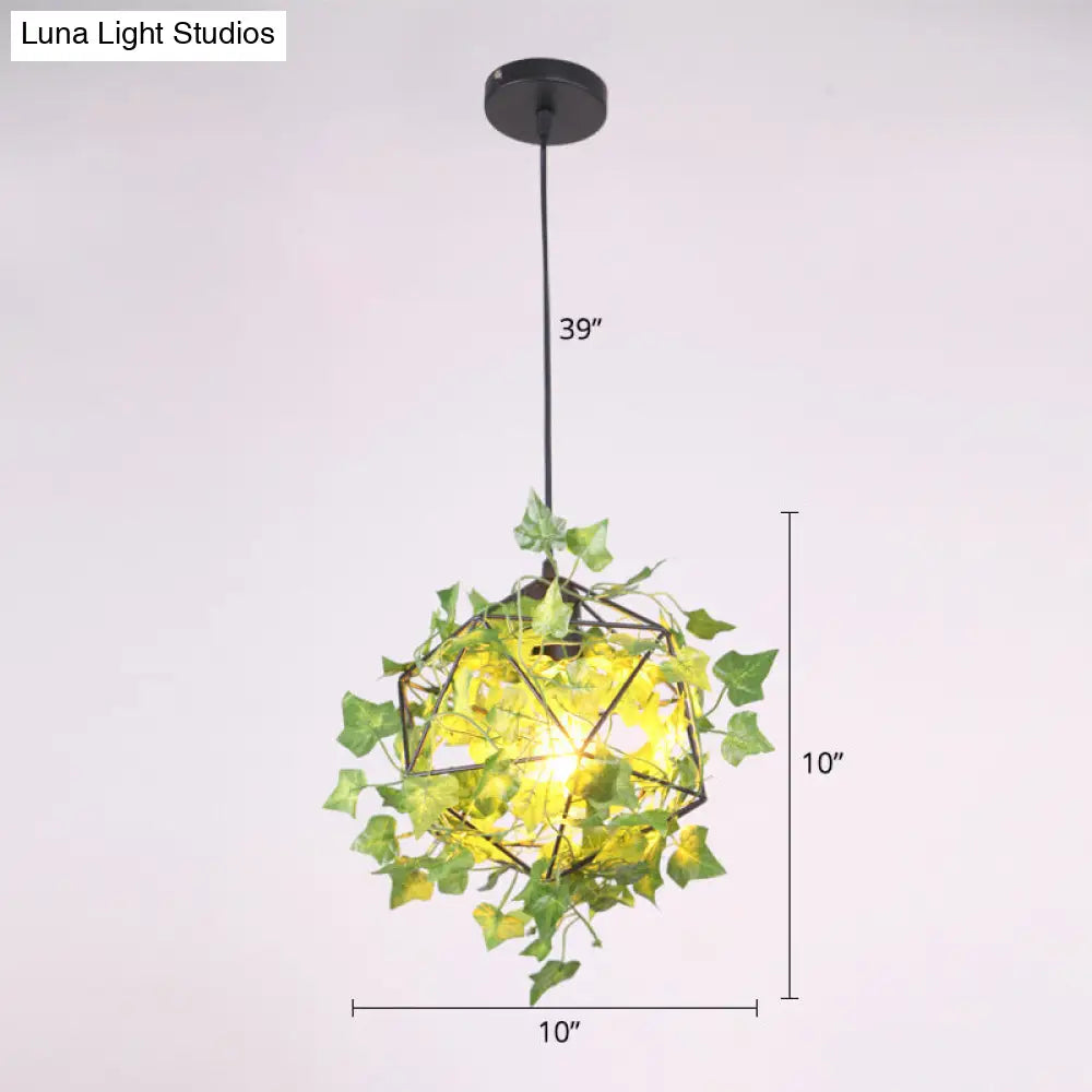 Geometric Metal Cage Pendant Light With Faux Leaf Decor - Industrial Restaurant Suspension Green