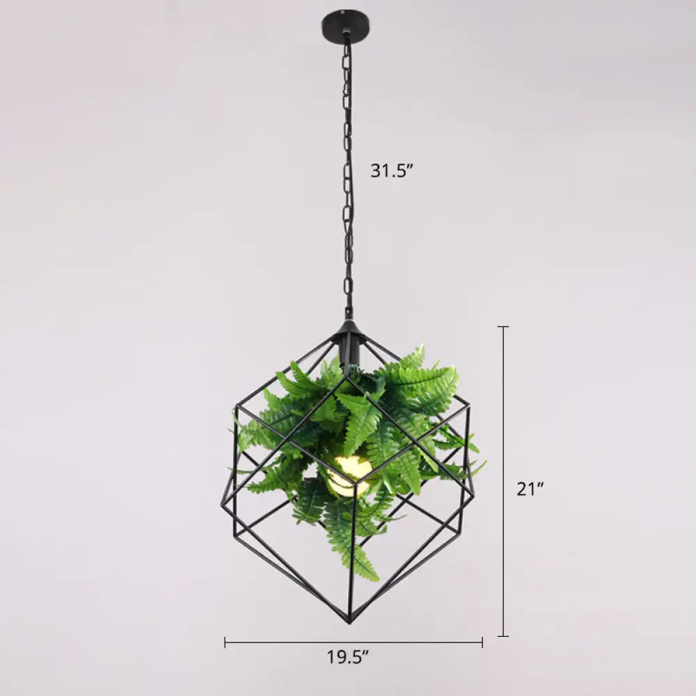 Geometric Cage Pendant Light With Leaf Accents - Industrial Restaurant Suspension Lamp Green