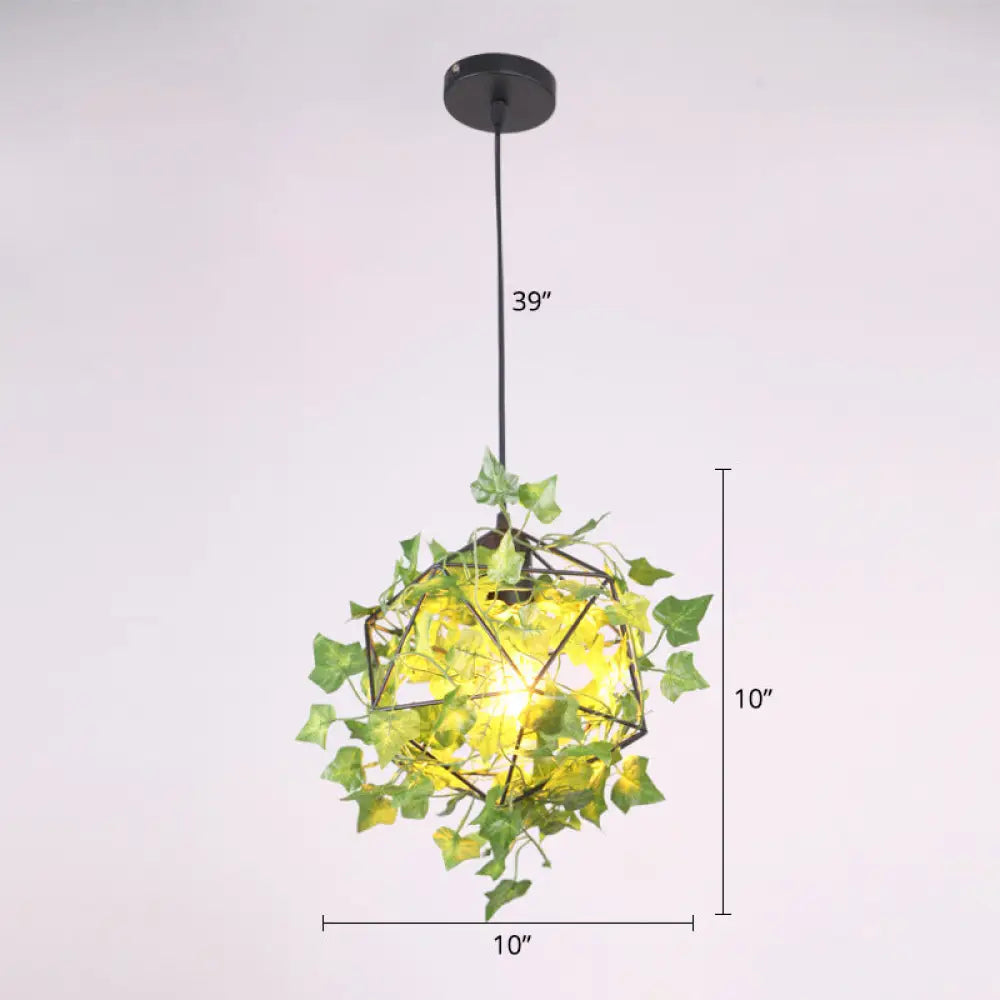 Geometric Cage Pendant Light With Leaf Accents - Industrial Restaurant Suspension Lamp Green