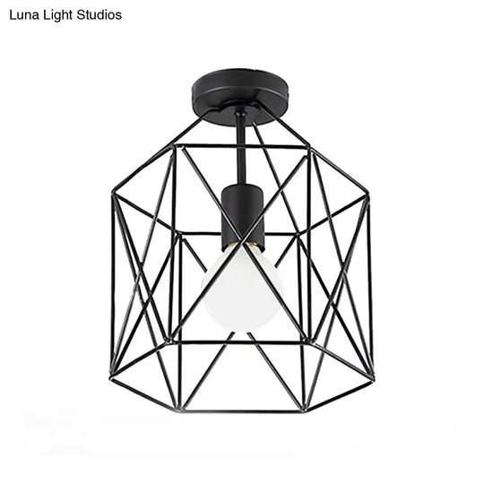 Geometric Cage Semi-Flush Ceiling Fixture - Industrial Black Metallic Finish Balcony Lighting