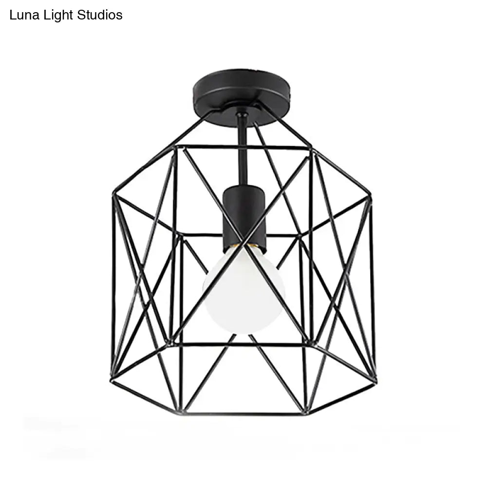 Geometric Cage Semi - Flush Ceiling Fixture - Industrial Black Metallic Finish Balcony Lighting