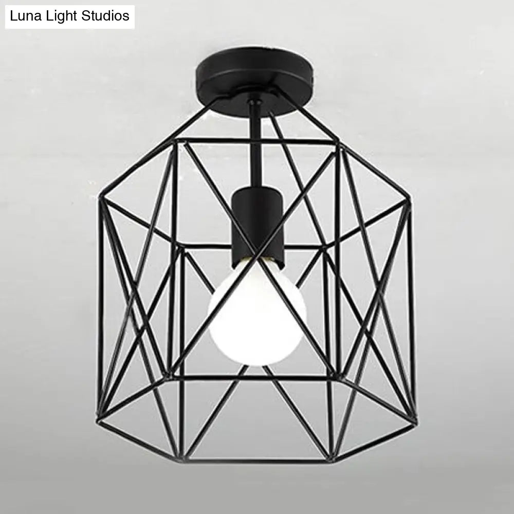 Geometric Cage Semi-Flush Ceiling Fixture - Industrial Black Metallic Finish Balcony Lighting