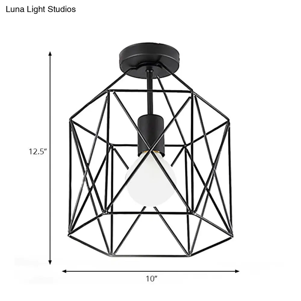 Geometric Cage Semi - Flush Ceiling Fixture - Industrial Black Metallic Finish Balcony Lighting