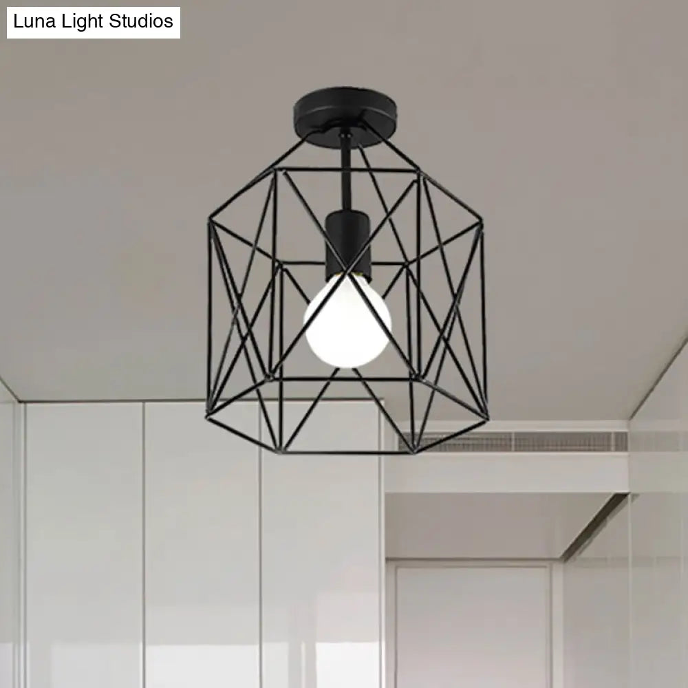 Geometric Cage Semi - Flush Ceiling Fixture - Industrial Black Metallic Finish Balcony Lighting