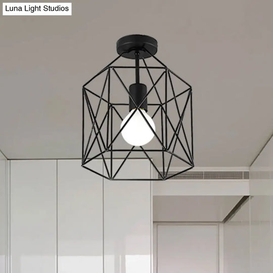 Geometric Cage Semi - Flush Ceiling Fixture - Industrial Black Metallic Finish Balcony Lighting