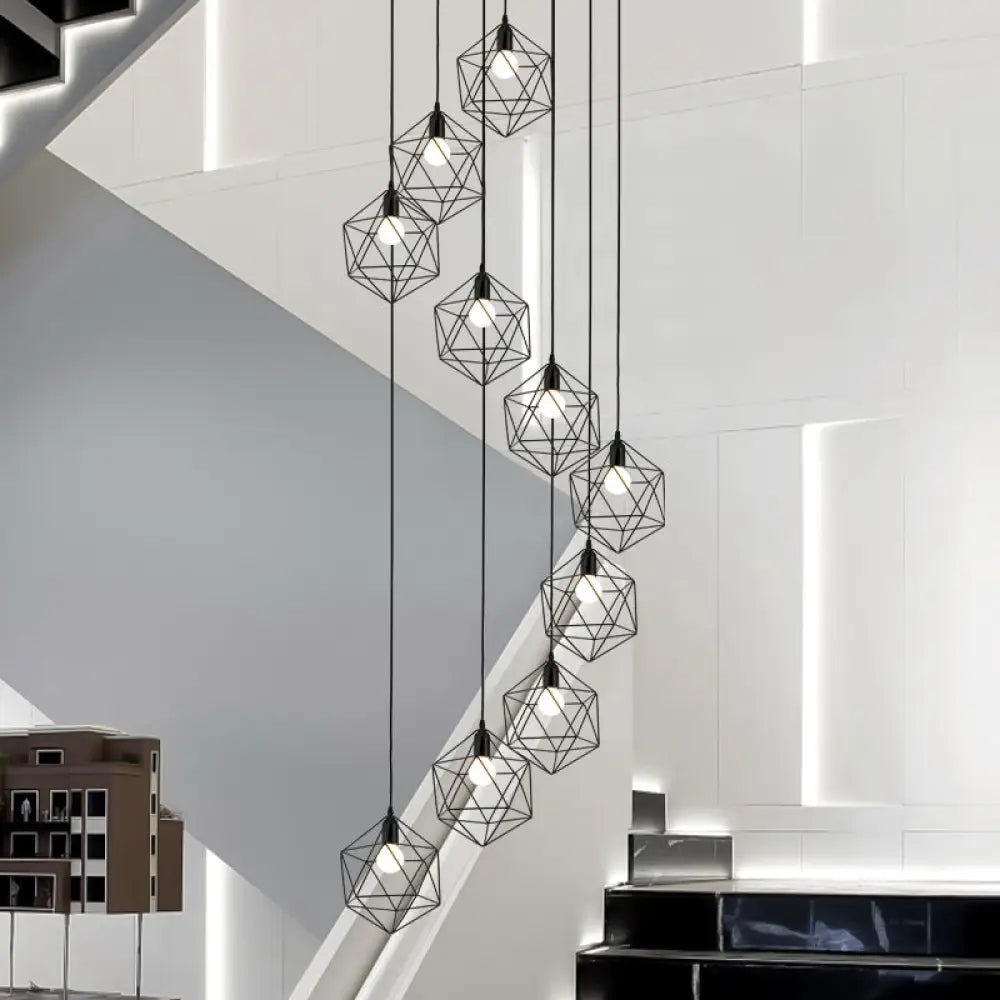 Geometric Cage Staircase Multi Ceiling Light - Metallic Suspension Fixture 10 / Black A