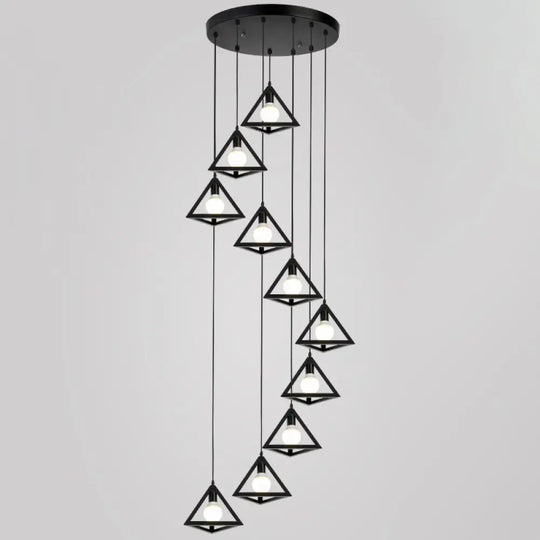 Geometric Cage Staircase Multi Ceiling Light - Metallic Suspension Fixture 10 / Black B