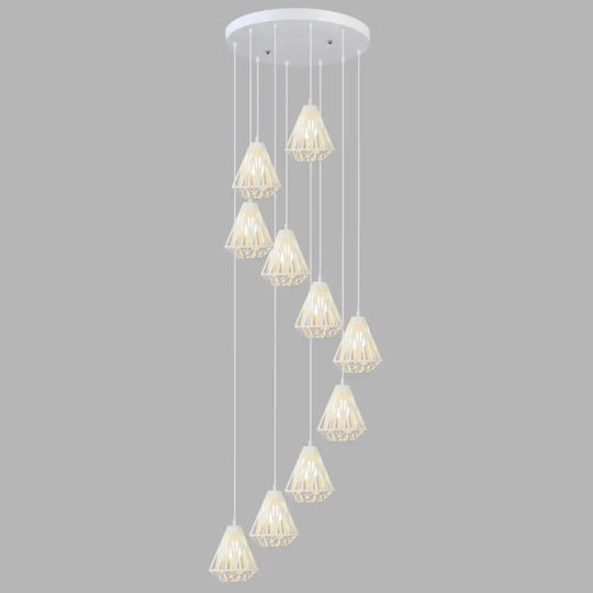 Geometric Cage Staircase Multi Ceiling Light - Metallic Suspension Fixture 10 / White B