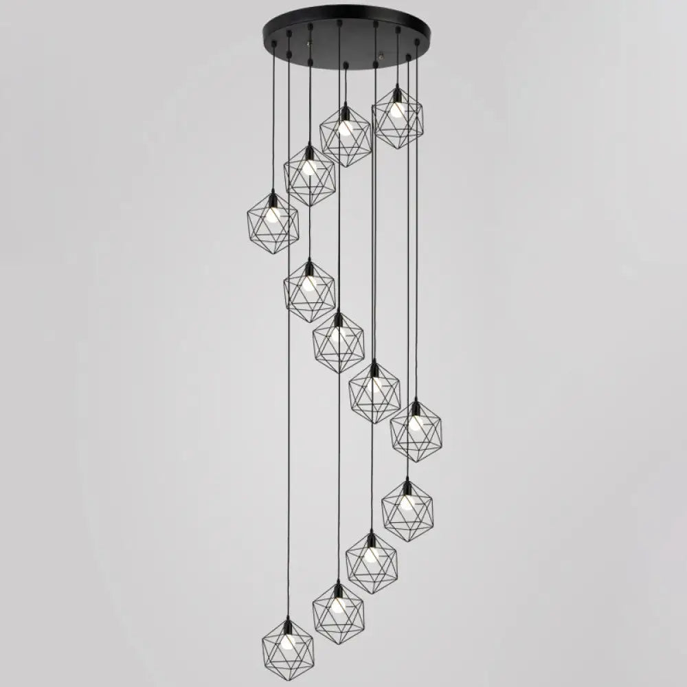 Geometric Cage Staircase Multi Ceiling Light - Metallic Suspension Fixture 12 / Black A