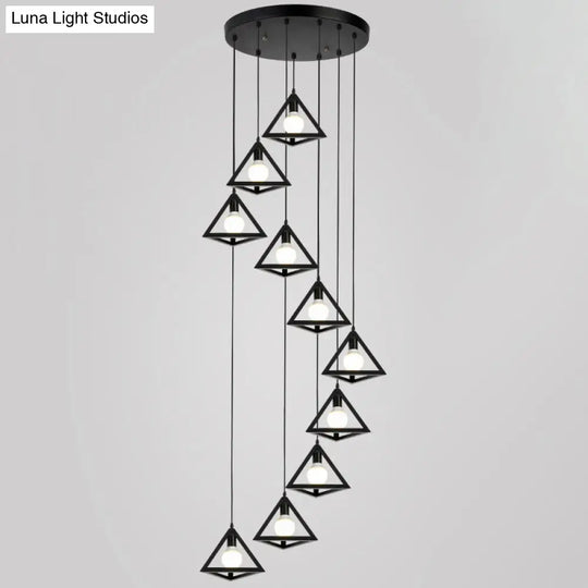 Metallic Geometric Cage Ceiling Light Fixture For Staircase Suspension 10 / Black B